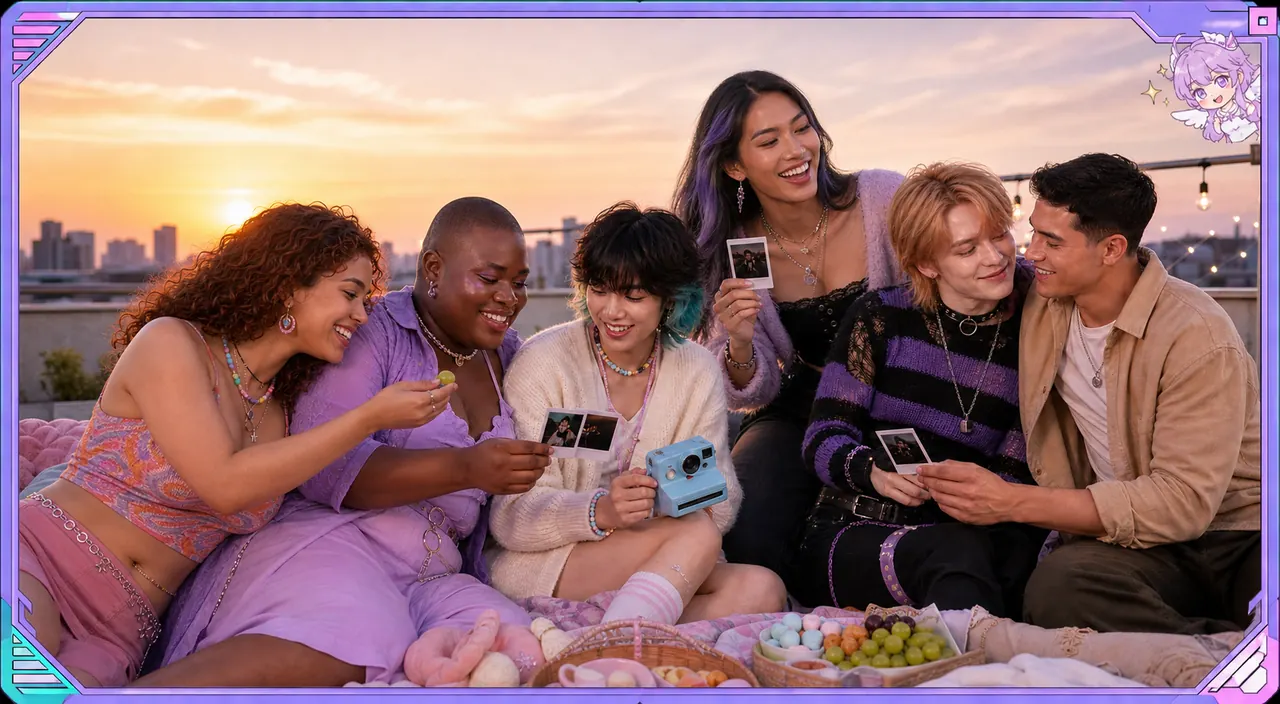 Six friends of different styles sitting close together on a rooftop at sunset, laughing over a pile of instant photos.